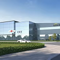 Modern Industrial Factory Building with Glass Curtain Wall Exterior GSS Logo and Landscaping Roadway
