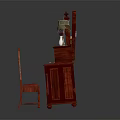 Traditional Chinese Red Vanity Table With Mirror And Carved Details And Matching Chair
