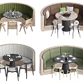 Curved Booth Style Public Seating With Green Brown Cushions And Wooden Black White Chairs