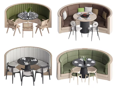 Curved Booth Style Public Seating With Green Brown Cushions And Wooden Black White Chairs 3d model