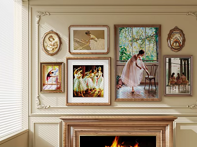 Oil Paintings Decorate Ornate Living Room Wall Above Fireplace 3d model