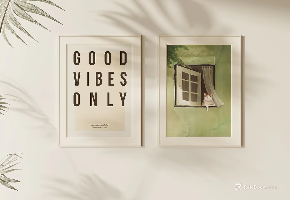 Abstract Paintings Wall Decor With Typography Art Watercolor Window Scene And Plant Shadows 3d model 