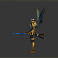 Golden Armored Mythical Warrior With Glowing Blue Wings And Staff