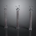 Three Ancient Stone Columns Architecture Structure With Scattered Stones On Their Tops