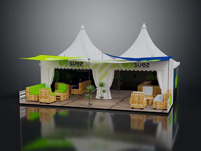 White Double Peaked Tent With Sues Lettering Green And Blue Accents Wooden Outdoor Seating Furniture 3d model