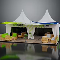 White Double Peaked Tent With Sues Lettering Green And Blue Accents Wooden Outdoor Seating Furniture