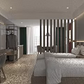 Modern Hotel Guest Room Interior With Double Bed TV Wall Desk Chair And Wooden Flooring