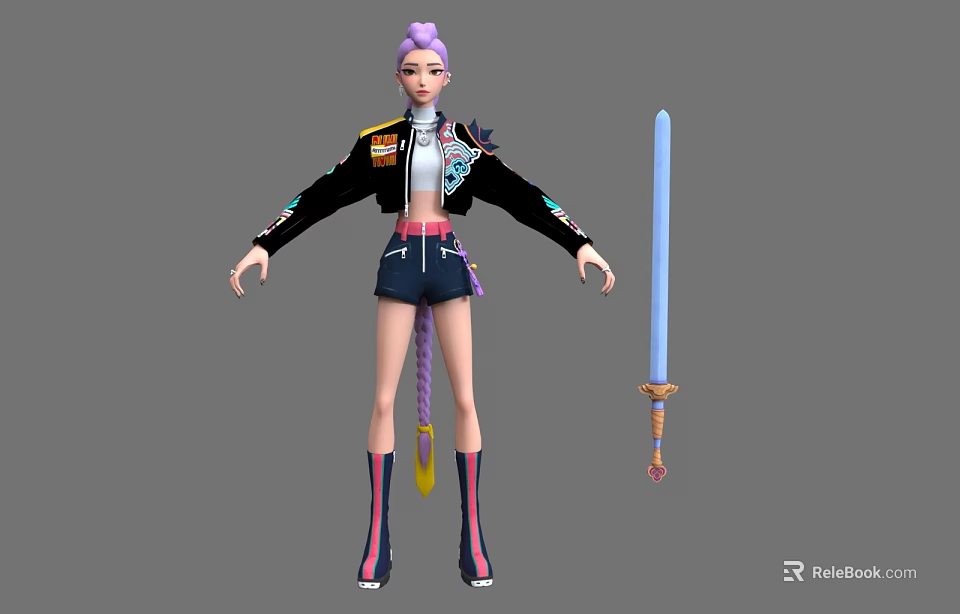 Woman with purple hair wearing black jacket white top shorts knee-high boots beside blue sword 3d model