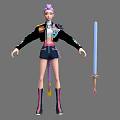 Woman with purple hair wearing black jacket white top shorts knee-high boots beside blue sword 3d model