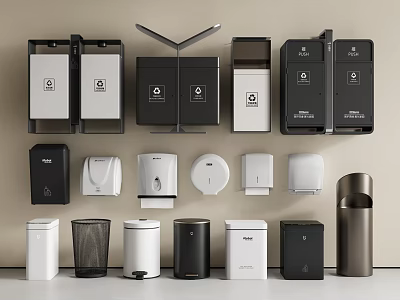 Modern Minimalist Bathroom Living Essentials With Black White Gray Trash Bins Tissue Dispensers 3d model