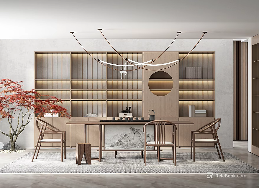 Traditional Modern Tea Room Interior With Wooden Table Chairs Decorative Shelves And Hanging Lamps 3d model 