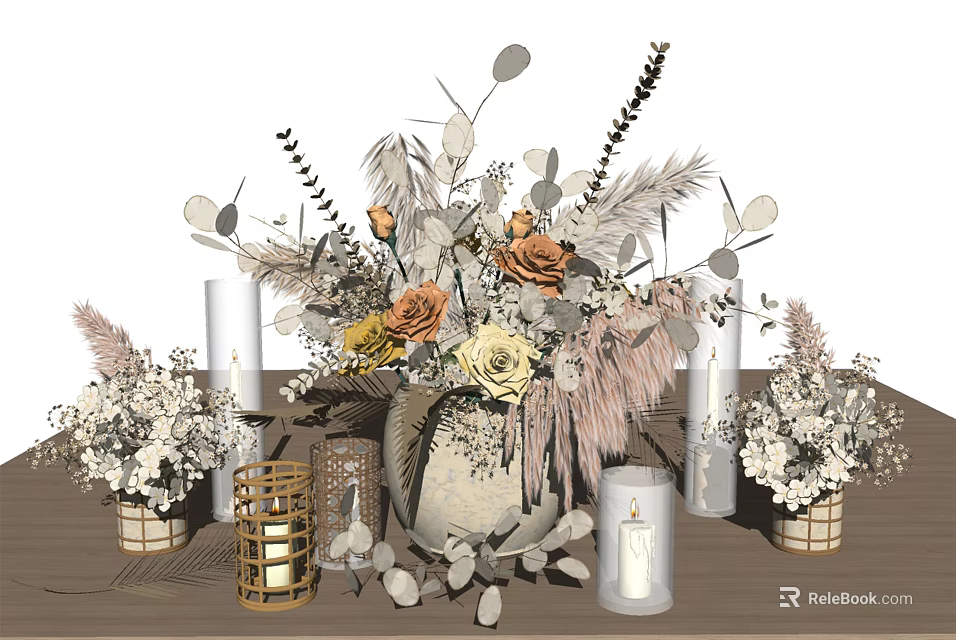 Elegant Vase with Dried Flowers Pampas Grass and Decorative Candles 3d model 