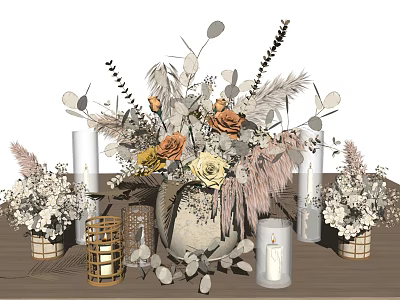 Elegant Vase with Dried Flowers Pampas Grass and Decorative Candles 3d model