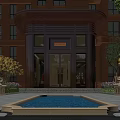 Elegant Modern Hotel Lobby Exterior With Glass Doors Water Pool Green Plants And Stone Pillars