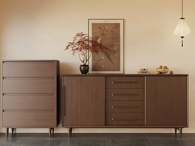 Brown Wooden Cabinet Chest With Drawers In Interior Decorative Painting Red Leaves Plant Pendant Lamp 3d model