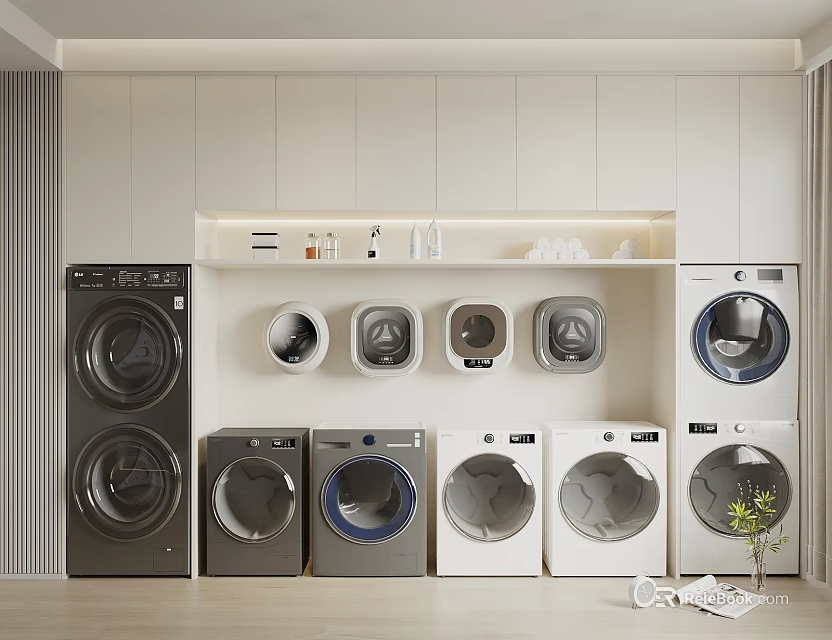 Various Types of Washing Machines in Black White and Gray in Showroom with White Cabinets 3d model 