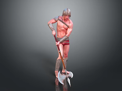Muscular Armored Warrior Holding Battle Axe With Helmet In Standing Pose 3d model