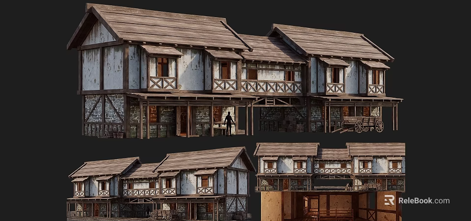 Ancient Architecture Traditional Style with Wooden Structure Tile Roof Stone Walls and Balconies 3d model 