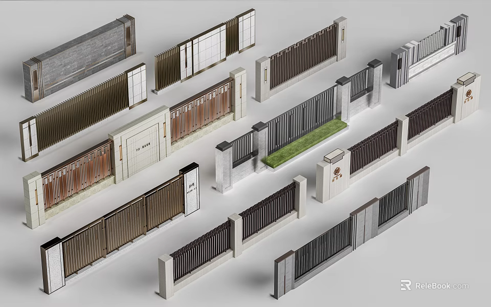Various Modern Building Exterior Wall Designs With Different Textures And Panels 3d model