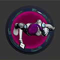Game Movie Character with Purple Hair White Bodysuit Blue Lines Holding Smartphone on Pink Base