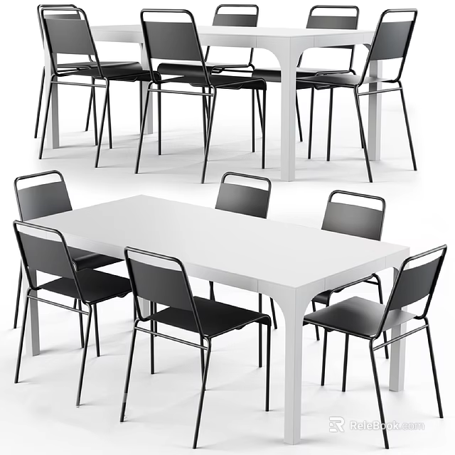 Modern White Dining Table With Black Chairs Set For Home Use 3d model 