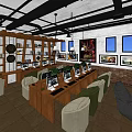 Modern Internet Cafe Interior With Computers Comfortable Seating Brick Walls And Decorative Shelves 3d model