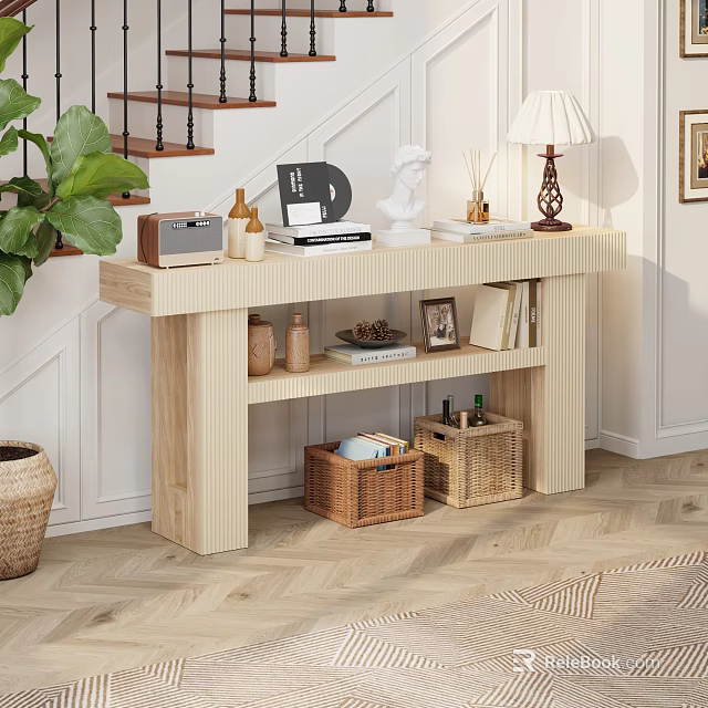 Cozy Dining Room Interior With Wooden Console Table Wicker Baskets Decorative Items And Green Plant 3d model 