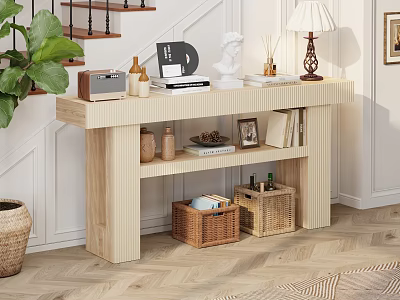 Cozy Dining Room Interior With Wooden Console Table Wicker Baskets Decorative Items And Green Plant 3d model