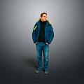 Man In Blue Coat With Fur Collar Black Turtleneck Blue Jeans Green Shoes Gray Background