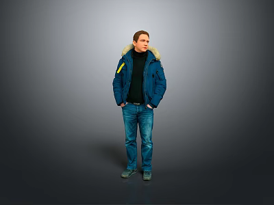 Man In Blue Coat With Fur Collar Black Turtleneck Blue Jeans Green Shoes Gray Background 3d model
