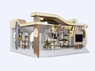 Modern Mall Retail Store Interior With Curved Structure Display Shelves And Green Plants 3d model