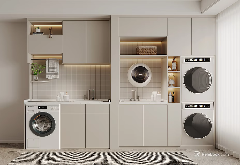 Modern Bathroom Cabinet Design With Washer Dryer Sink Storage And LED Lighting 3d model 