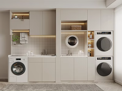 Modern Bathroom Cabinet Design With Washer Dryer Sink Storage And LED Lighting 3d model