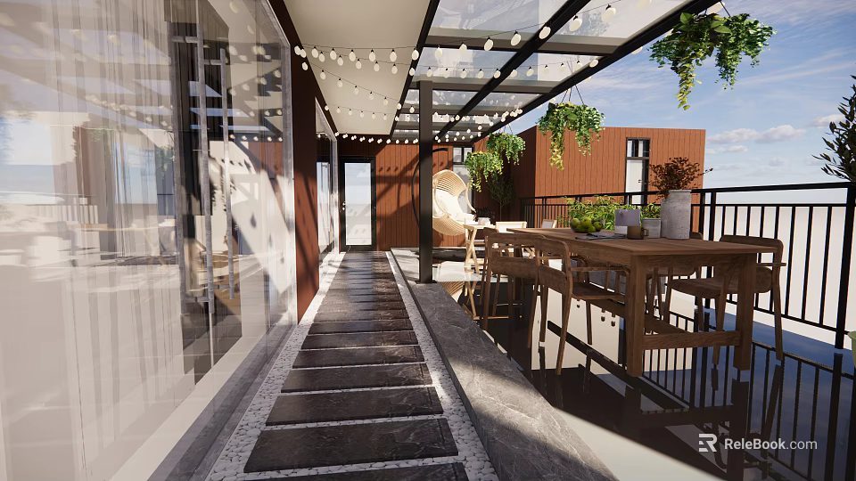 Terrace Garden Featuring Glass Roof Hanging String Lights Wooden Table And Chairs With Green Plants 3d model 