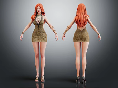Woman With Red Hair Wearing Golden Dress And High Heels Front Back Views 3d model