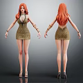 Woman With Red Hair Wearing Golden Dress And High Heels Front Back Views