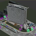 Modern Curved High Rise Residential Building With Glass Windows Parking Area And Street Lamps