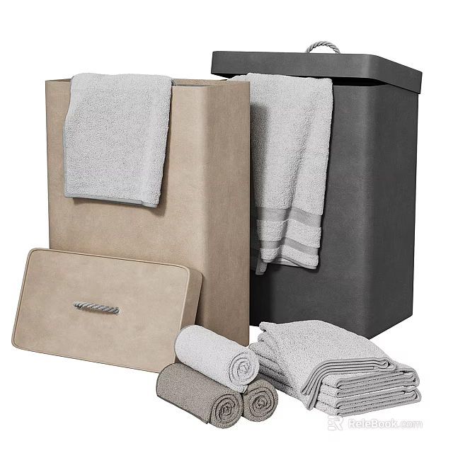 Beige And Black Storage Boxes With Gray Folded Rolled Laundry Towels 3d model