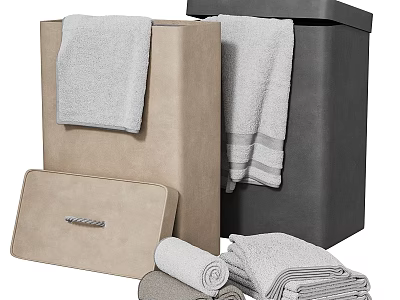 Beige And Black Storage Boxes With Gray Folded Rolled Laundry Towels 3d model
