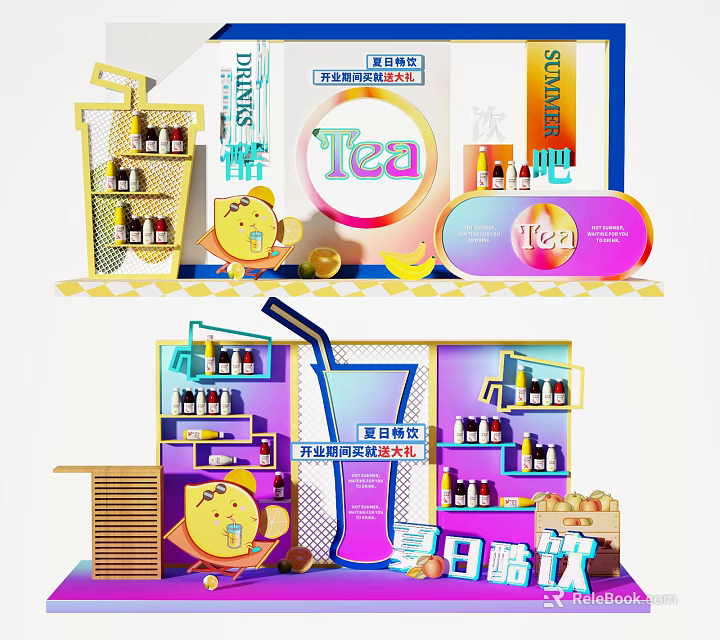 Vibrant Tea Bar Display With Summer Cool Drinks And Shelf Arrangement 3d model