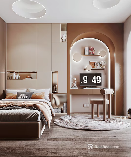 Cozy Kids Room Interior With Bed Study Desk Storage Shelves Round Rug And Decor Lights 3d model 