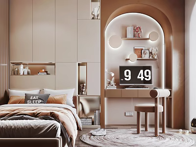 Cozy Kids Room Interior With Bed Study Desk Storage Shelves Round Rug And Decor Lights 3d model