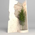Cracked Concrete Building Exterior Wall With Exposed Brick And Small Green Tree