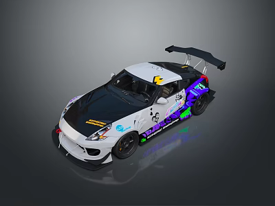 Custom Black And White Racing Car With Purple Green Livery And Rear Spoiler 3d model