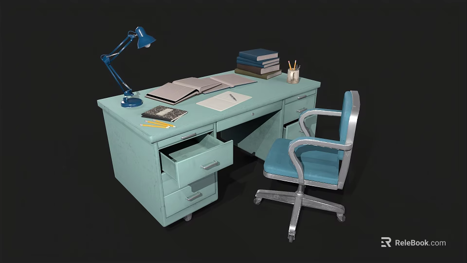Light Blue Desk And Chair Set With Blue Lamp Books And Stationery 3d model 