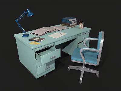 Light Blue Desk And Chair Set With Blue Lamp Books And Stationery 3d model