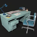 Light Blue Desk And Chair Set With Blue Lamp Books And Stationery