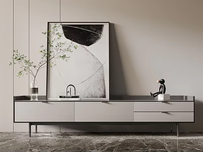 Modern TV Stand with Decorative Artwork Vase and Figurine in Minimalist Interior 3d model
