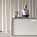 Modern Reception Desk with White Curtain Background Vase Green Flowers Black Box and LOGO