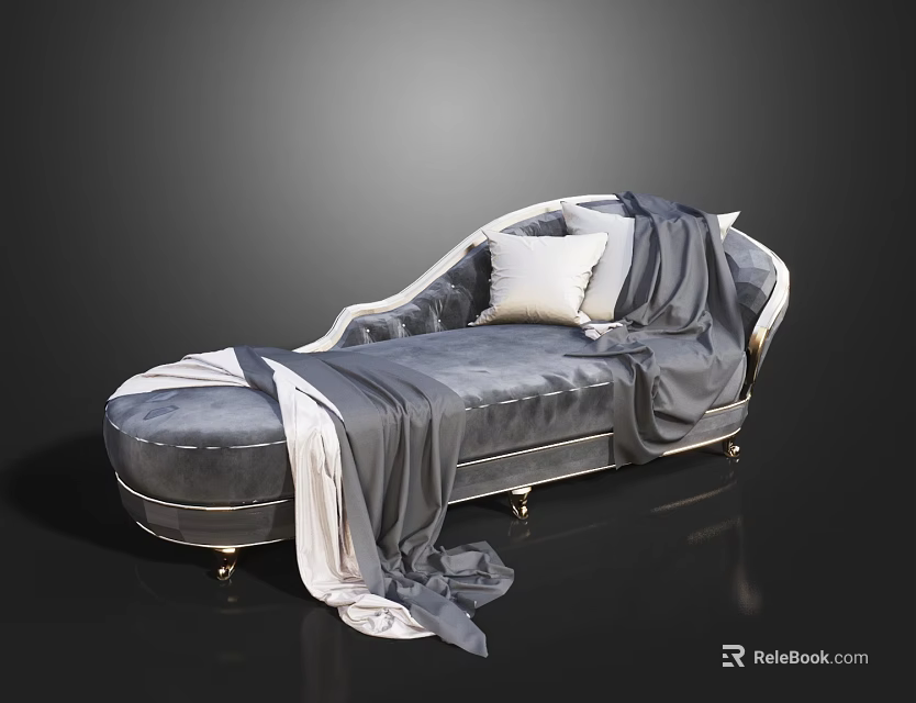 Luxurious Gray Chaise Lounge With White Pillow And Gray White Throw Blanket 3d model 